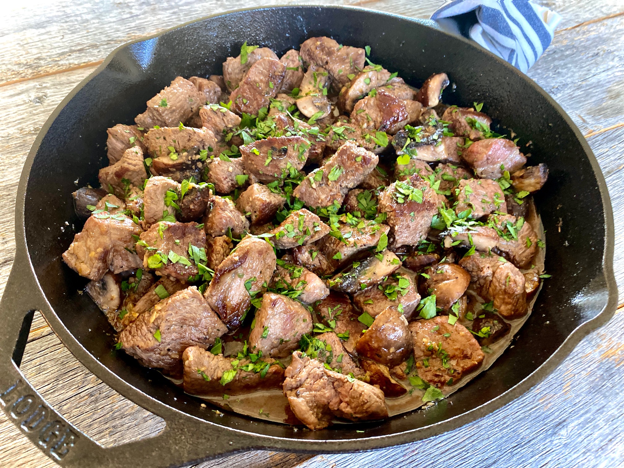 Steak bites in cast iron pan
