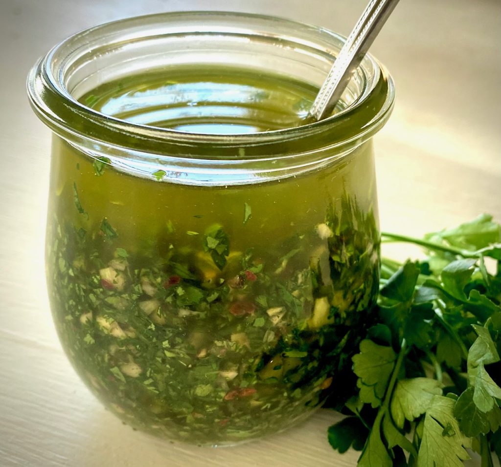 a sauce jar with argentinian parsley sauce
