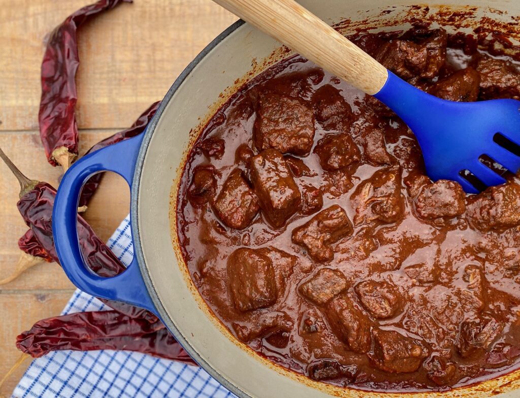 Pan of Chile Colorado with chiles