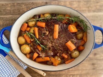 Pan of pot roast with spoons