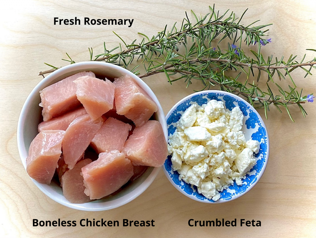 Chicken, rosemary and crumbled feta in bowls
